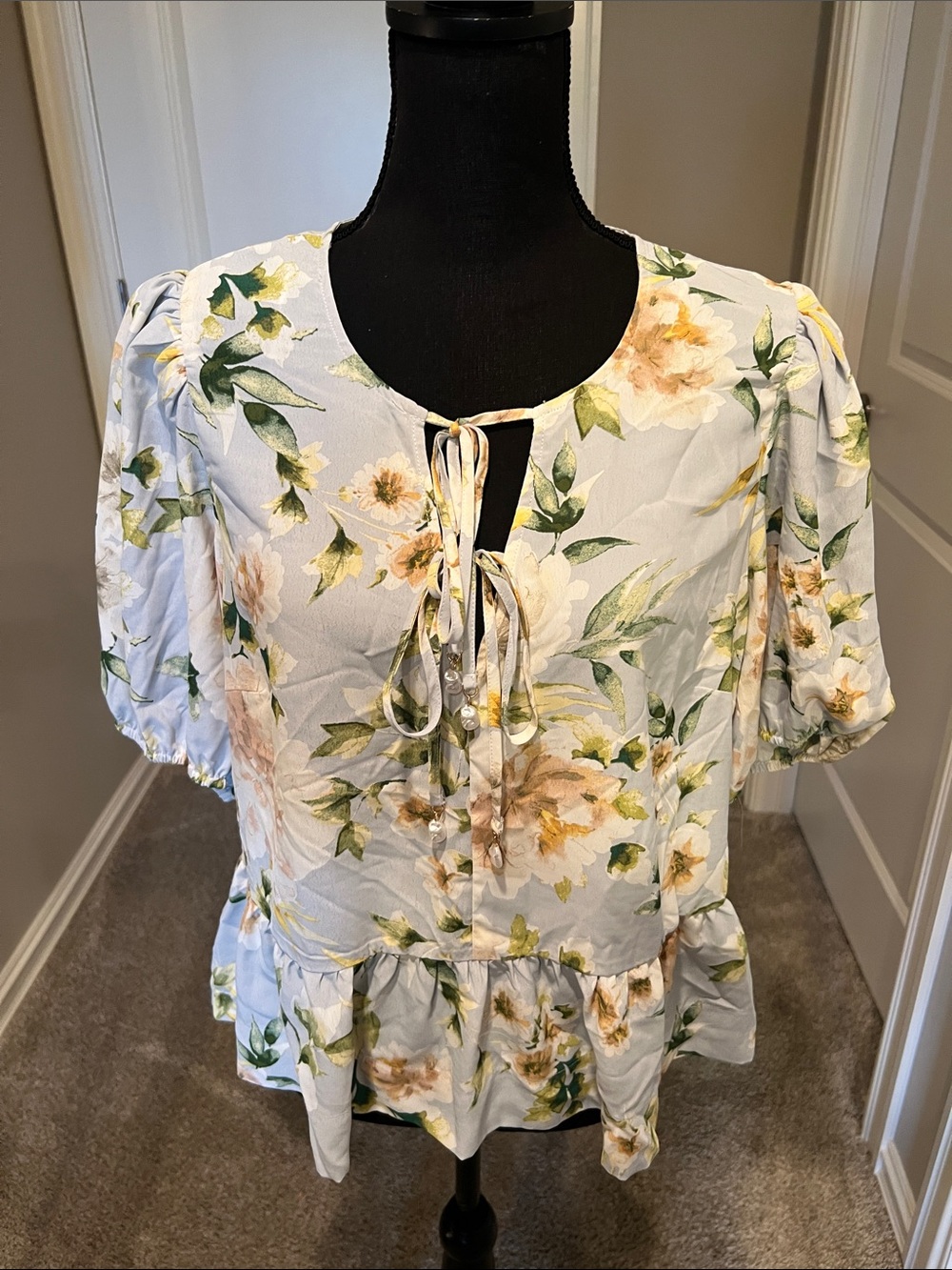 CeCe Pale Blue Floral Tie-Front Peplum Top